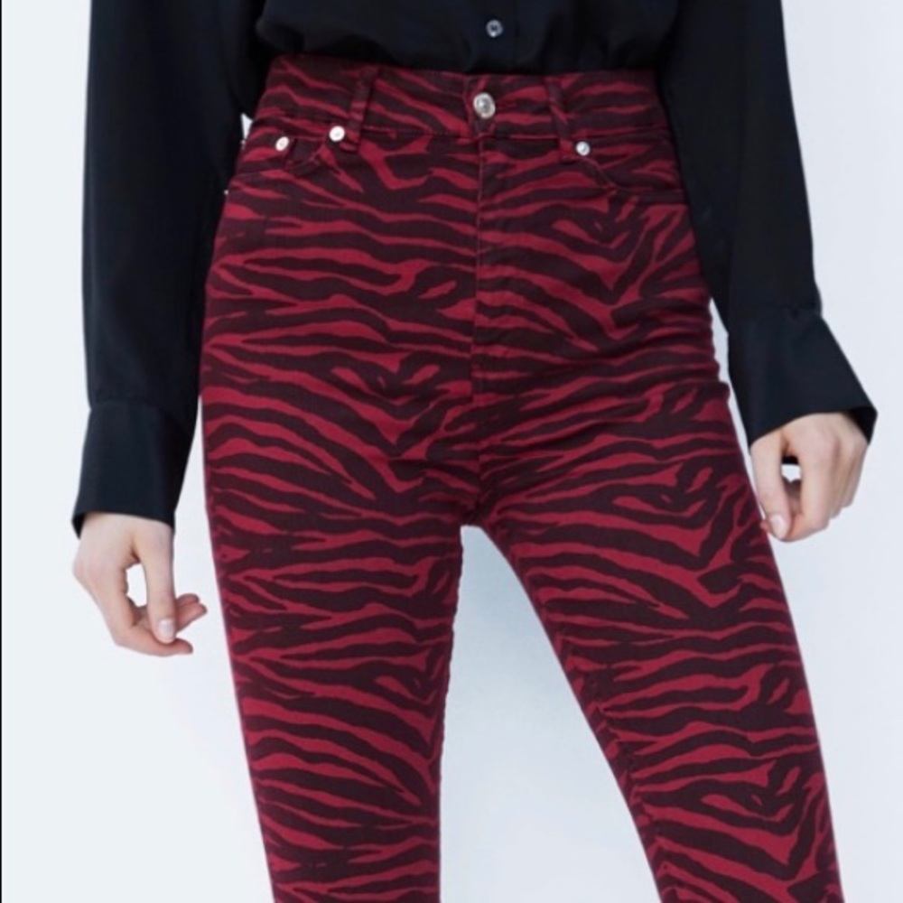 Zara Premium Red Zebra High Waist Jeans Size 4 - Picture 5 of 8